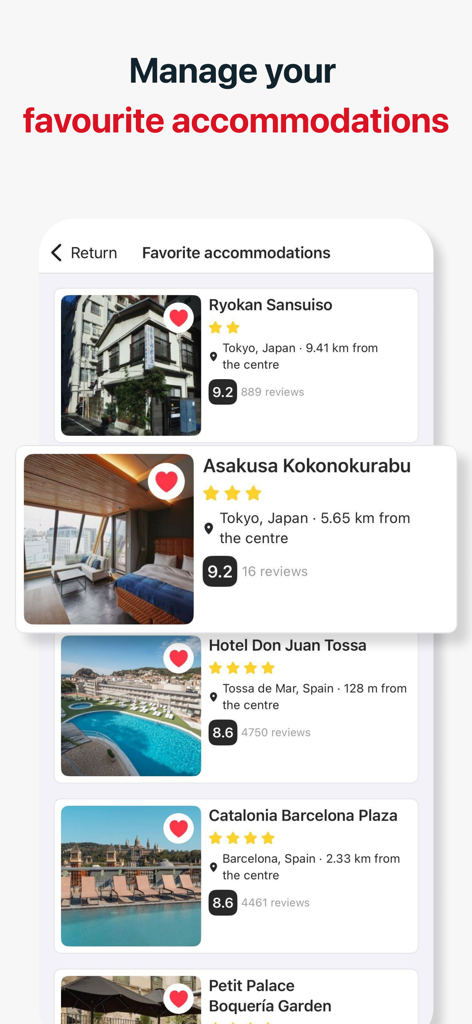 Amimir - Hotel Deal Searcher - Amimir app screen showing a list of saved favorite accommodations with ratings and locations