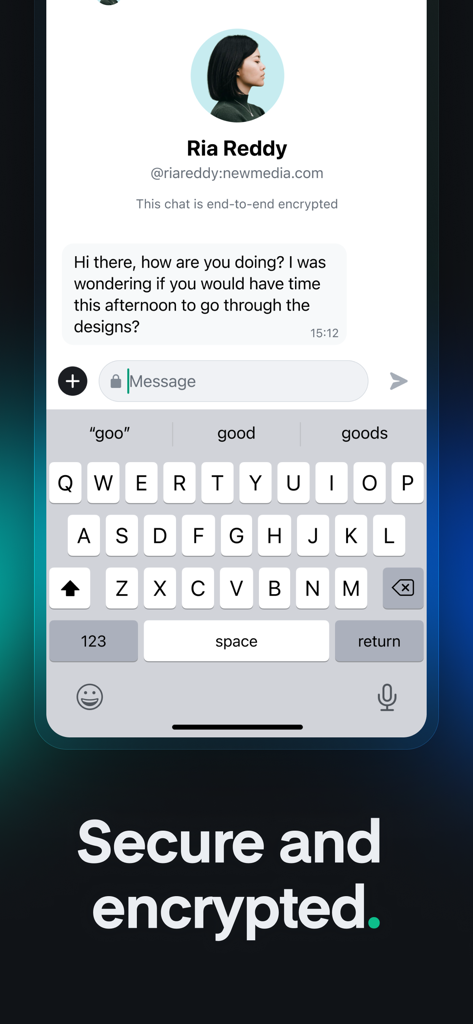 Element X mobile app screen showing an end-to-end encrypted chat interface with a message from Ria Reddy.