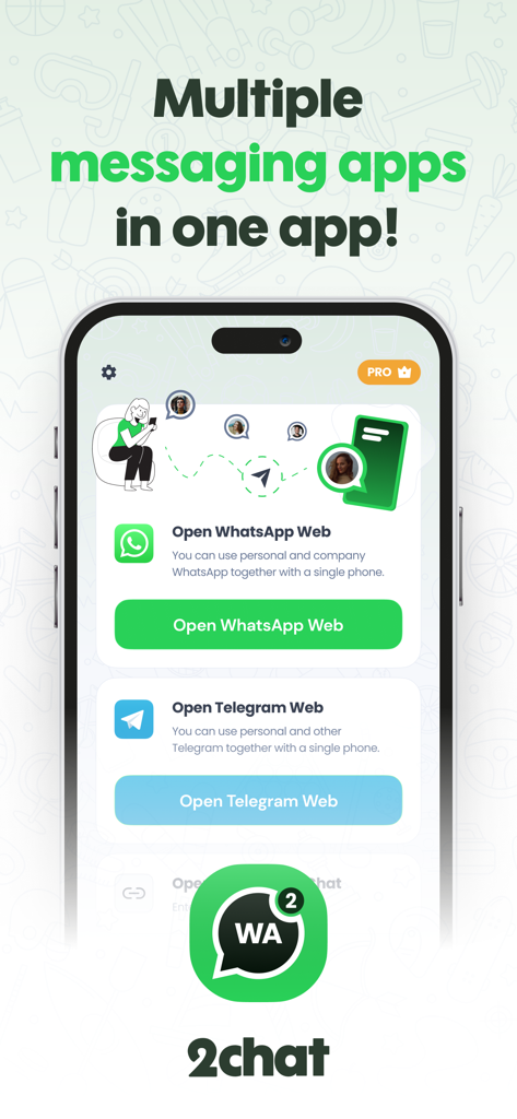 Mobile interface showing options to open WhatsApp and Telegram web for multiple messaging accounts