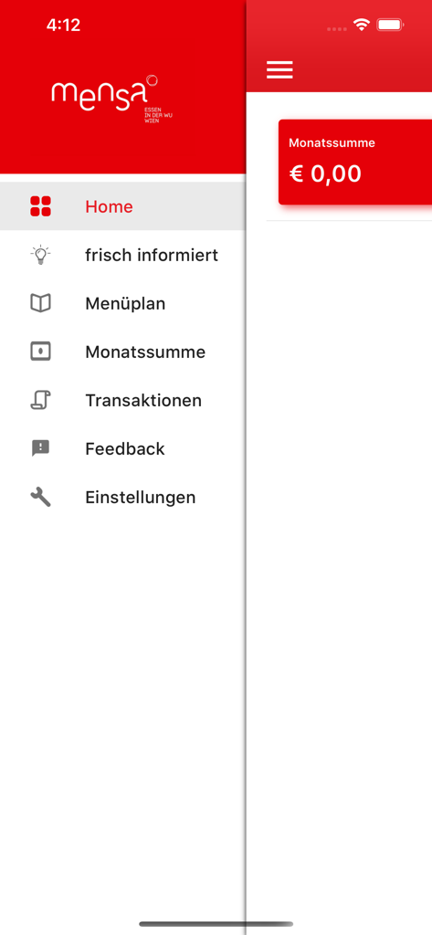 WU Mensa App - Menu de navigation de la WU Mensa App montrant les options pour les plans de repas et l'historique des transactions