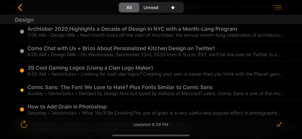 Feeddler RSS News Reader interface showing a list of design articles in night mode with unread indicators