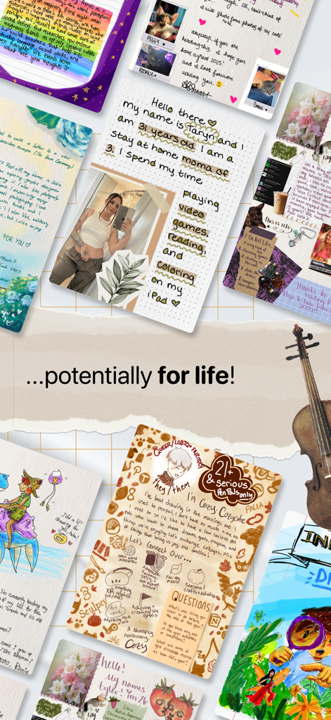 Lettre.app - PenPals for life - A collage of personalized digital handwritten letters with photos and drawings from Lettre app pen pals.