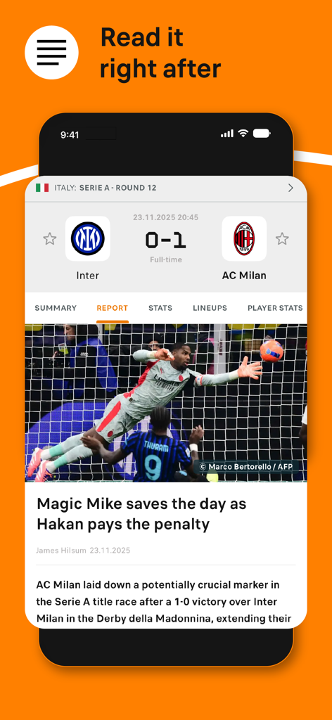 Soccerway Football Live Scores - Interface do aplicativo Soccerway exibindo um relatório de partida de futebol com placares ao vivo e análise do jogo.