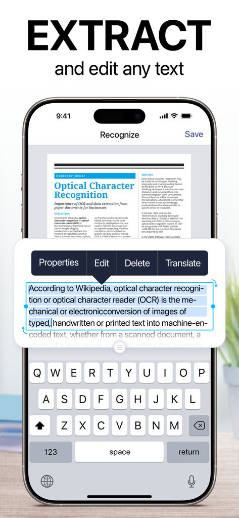 Aplicación iScanner extrayendo y editando texto de un documento en un smartphone