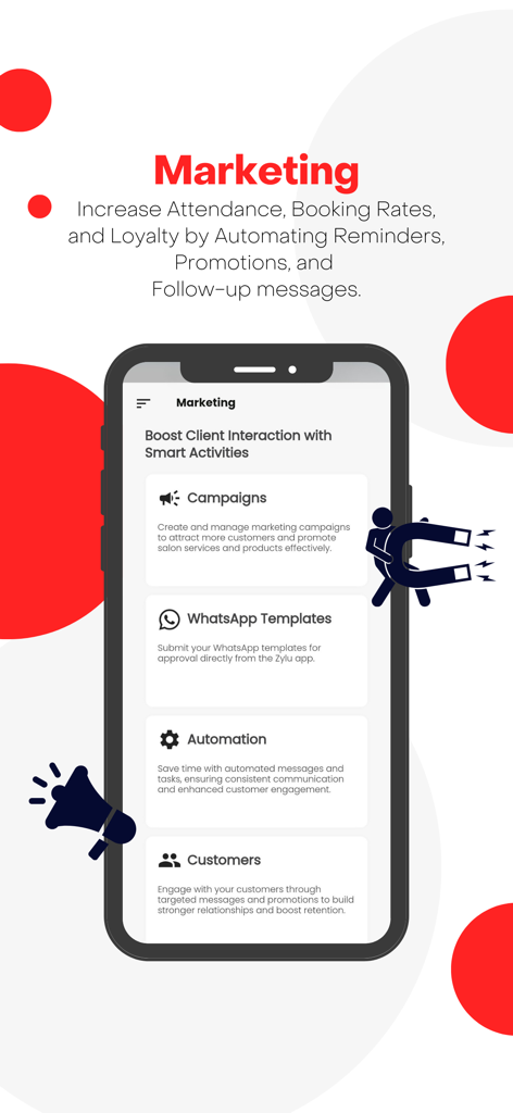 Zylu app marketing dashboard with tools for salon campaigns and automation
