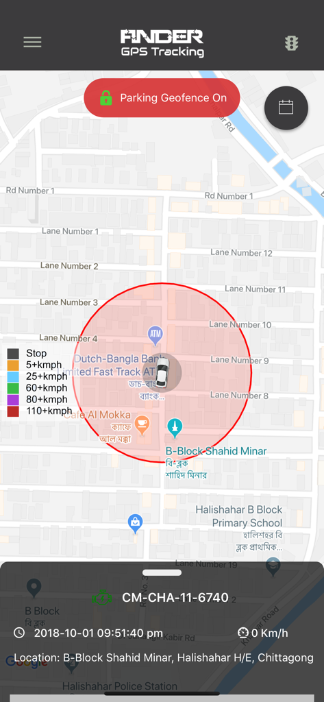 Finder GPS Tracking - Finder GPS Tracking app showing vehicle location within a parking geofence on a city map.