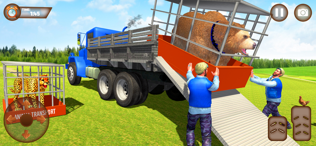 Animal Games : Truck Simulator - Animal transport truck simulator game showing characters loading a caged bear