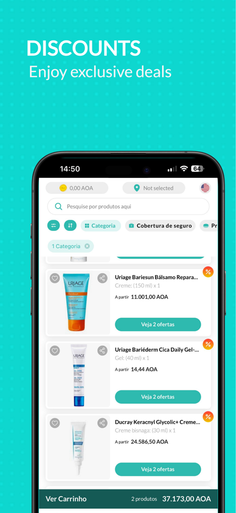 Appy Saúde - Um ecrã de smartphone a exibir descontos exclusivos em produtos de saúde na aplicação Appy Saúde.