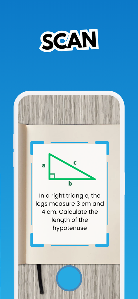 Smartphone scanning a right triangle geometry problem in a notebook using the Geometry Master app