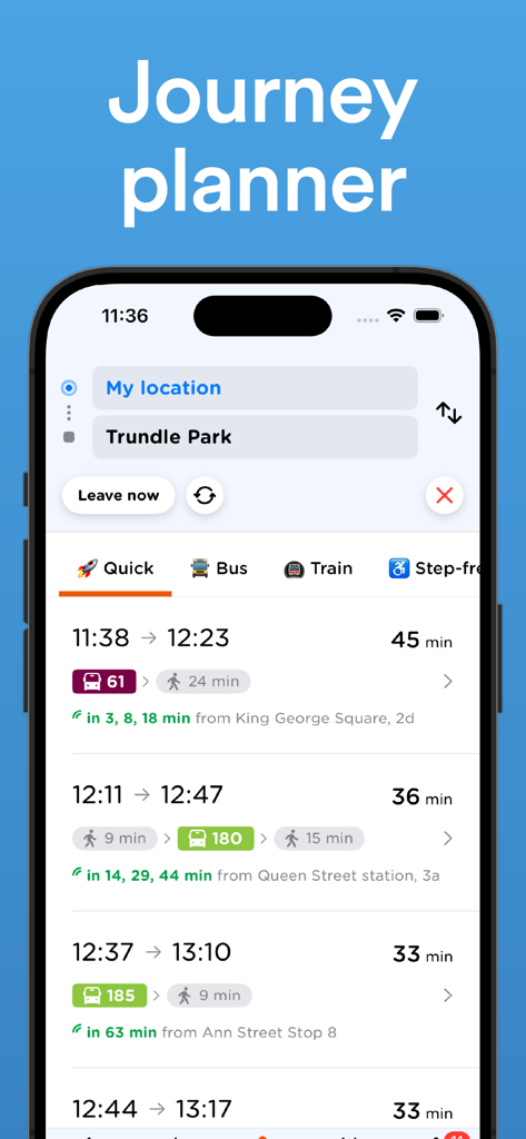 Chicago Transit: CTA Tracker - Chicago Transit app journey planner screen showing real-time bus arrival times and multiple route options.