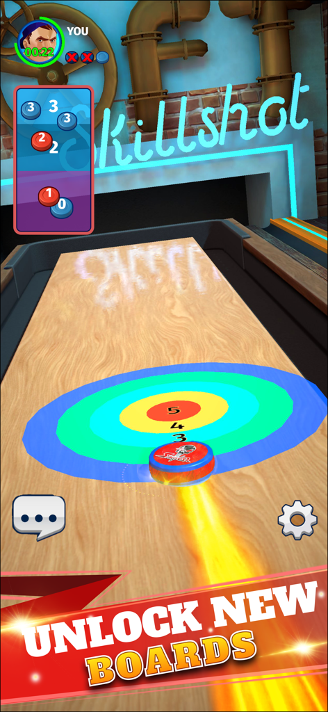 Juego de shuffleboard móvil que muestra un disco en un tablero circular con un fondo de neón
