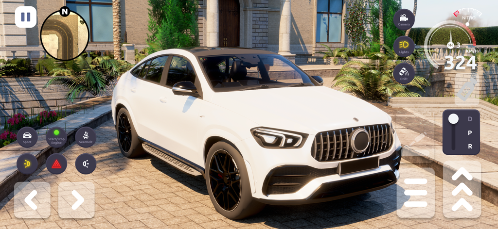 3D Suv Car Driving Simulator - A white SUV in a realistic 3D car driving simulator with mobile game UI controls