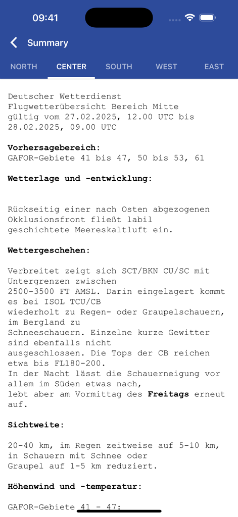 DWD FlugWetter - Textbasierter Luftfahrtwetterbericht für die Mitte Deutschlands in der DWD FlugWetter App