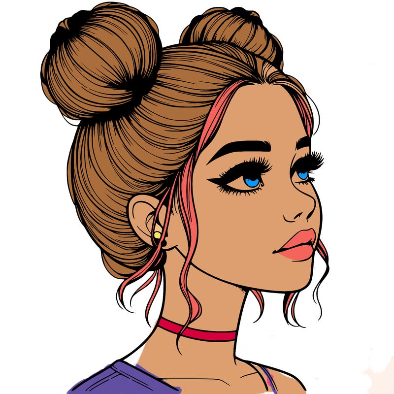 realistic girl with buns on the top of her head