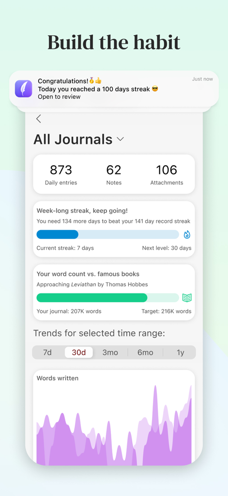 Diarly: Diary, Private Journal - Diarly app interface displaying journaling habit streaks and personal writing statistics
