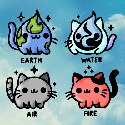 4 cats that represent the different elements, earth, water, air, and fire