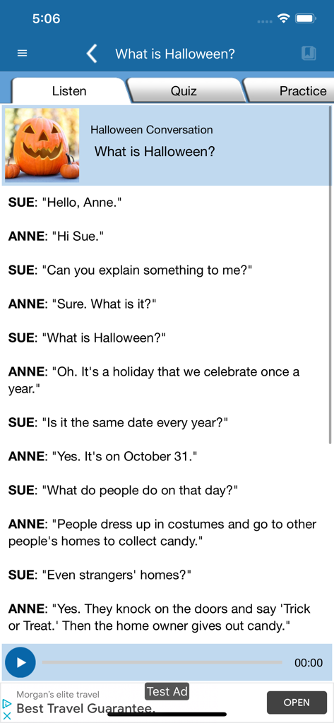 Speak English Conversation - A screenshot of the Speak English Conversation app displaying a listening lesson about Halloween with a text dialogue and audio player.