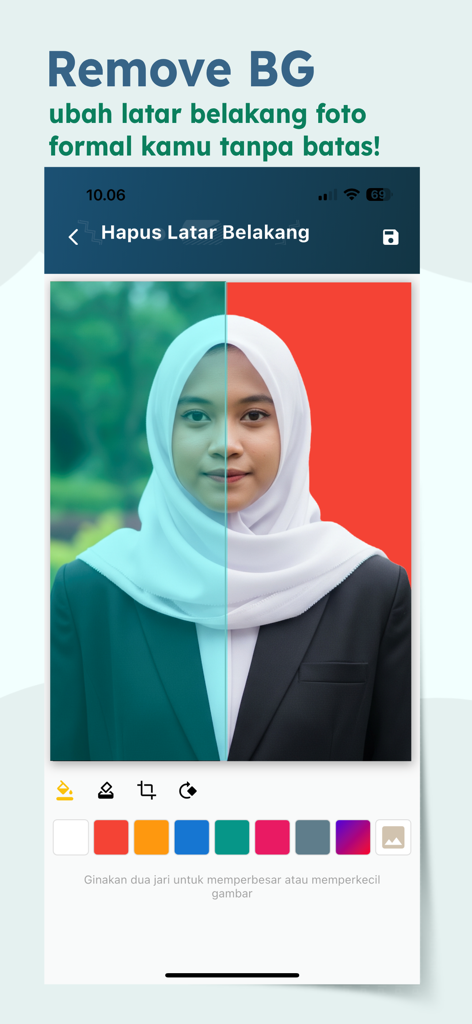 Lamaranku - Mobile app interface showing a feature to remove and change backgrounds for professional resume photos