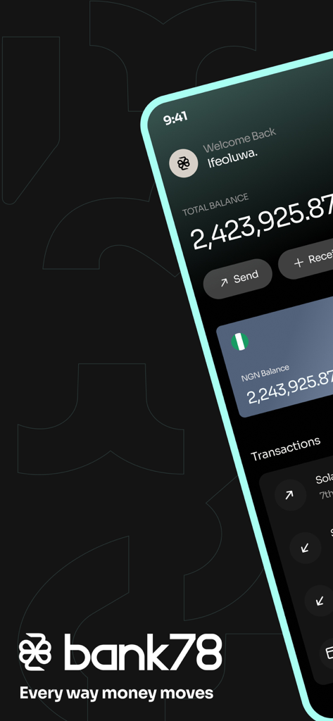 Bank78 neobank mobile app interface showing account balance and transaction history