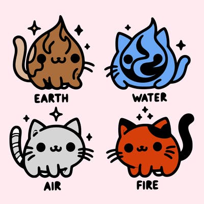 4 cats that represent the different elements, earth, water, air, and fire