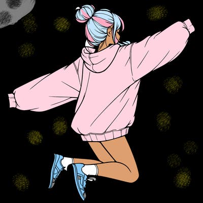 realistic girl jumping with a bun and oversized sweatshirt