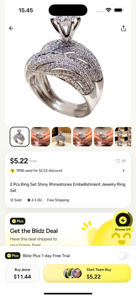 Product page for a shiny rhinestone ring set on the Blidz app showing a discounted Team Buy price.