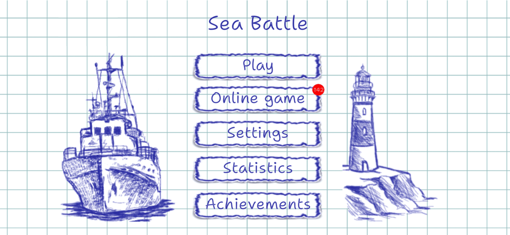 市松模様の紙の背景に手描きの船と灯台のスケッチが描かれた、「友達との海戦オンライン」のメインメニュー。