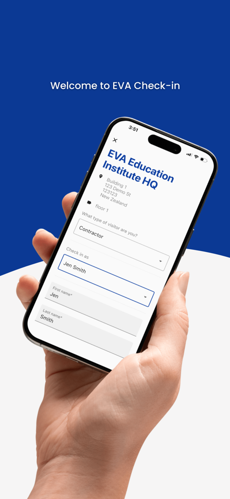 EVA Check-in | Visitor sign-in - A hand holding a smartphone displaying the EVA Check-in visitor sign-in form on the screen.