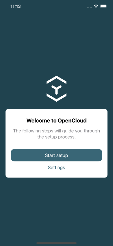 Écran de bienvenue de l'application OpenCloud avec le bouton de démarrage de la configuration et l'option des paramètres