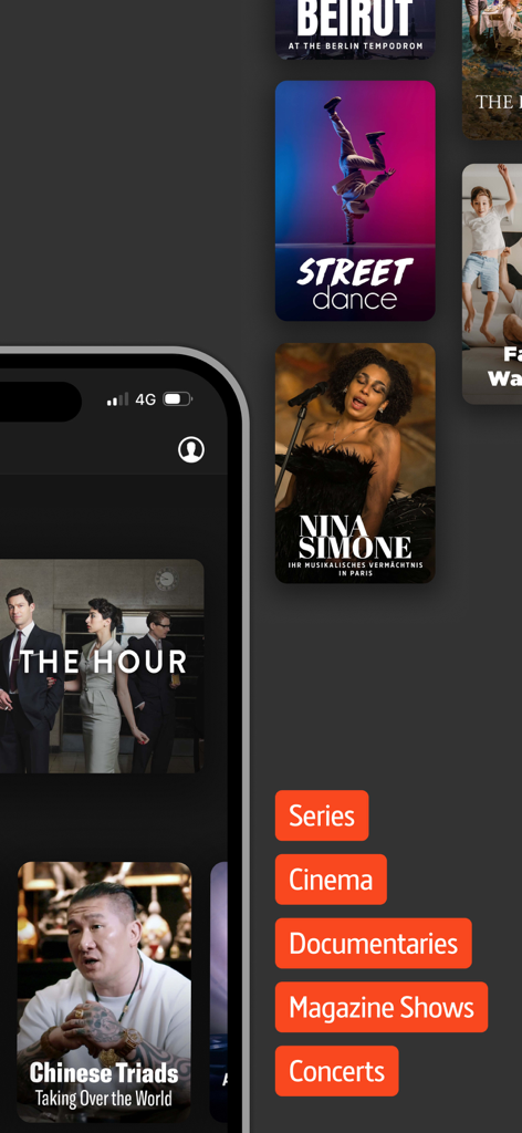 Mobile interface of ARTE.tv app showcasing documentary and concert categories