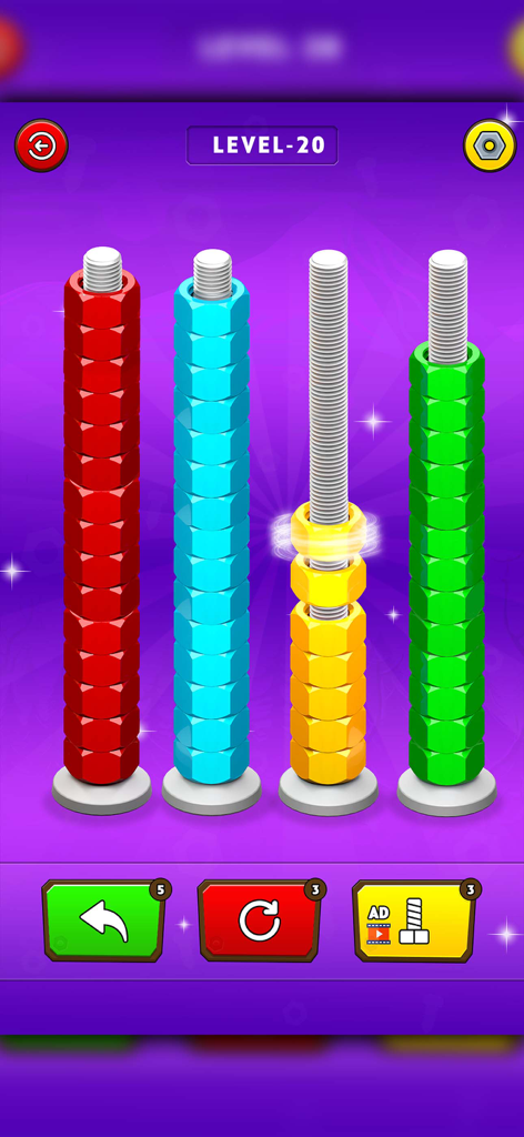 Mobile game screen showing a nut and bolt color sorting puzzle with red blue yellow and green pieces