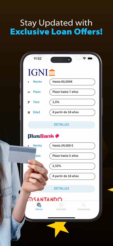 Flash Préstamos - Pantalla de smartphone mostrando la aplicación Préstamos Flash con una lista de ofertas de préstamos exclusivas de diferentes instituciones financieras.