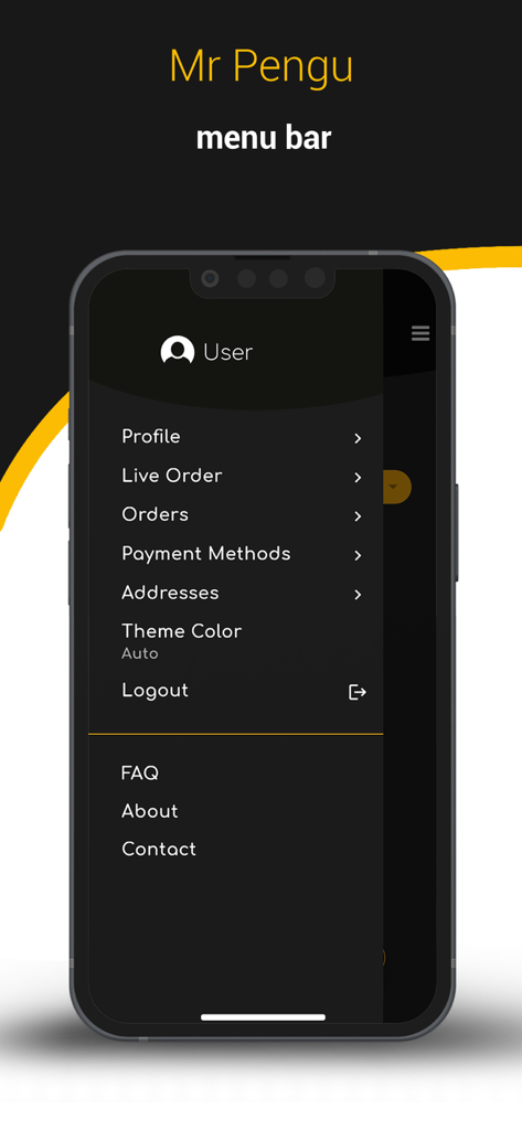 Screenshot des Pengu App Seitenmenüs mit Optionen für Profil, Live-Bestellungen, Zahlungen und Adressen.