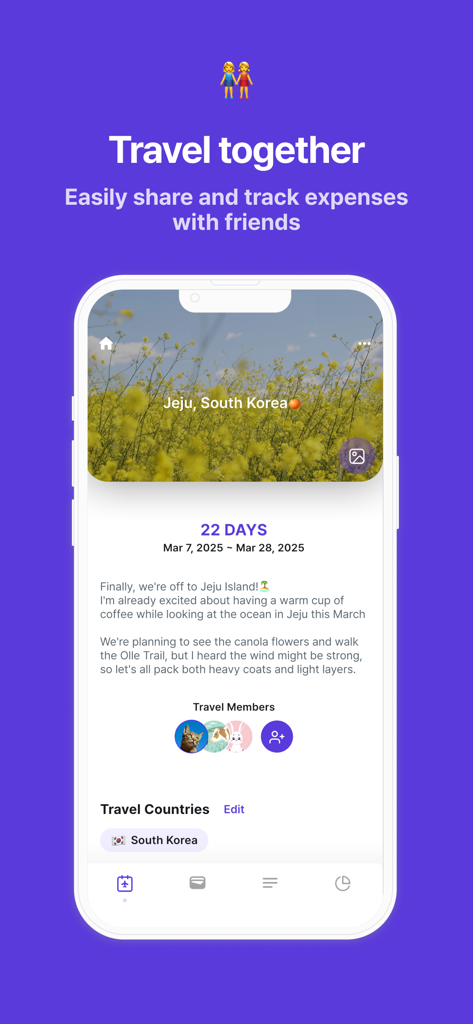 Interface of the Trabee Pocket app showing a shared 22-day trip to Jeju South Korea with multiple travel members