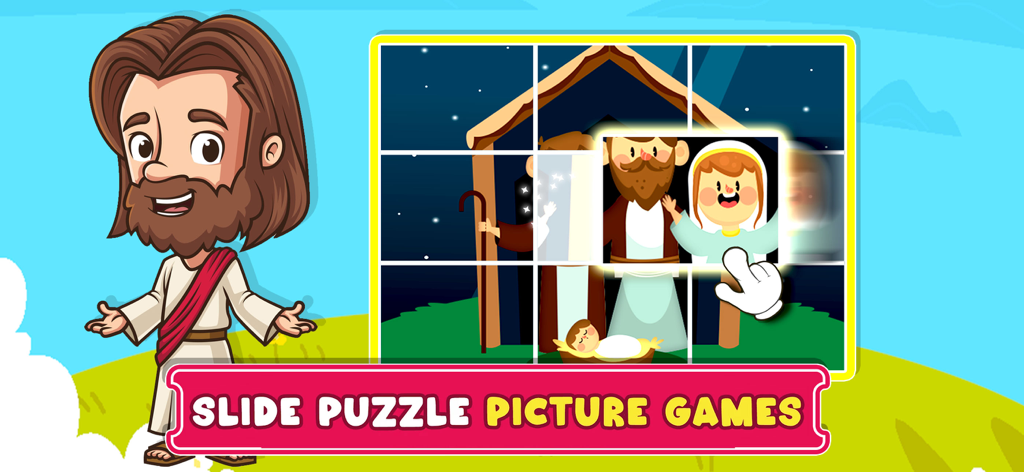 Bible Puzzles and Games - A slide puzzle game from the Bible Puzzles and Games app featuring a Nativity scene illustration and a cartoon character of Jesus.