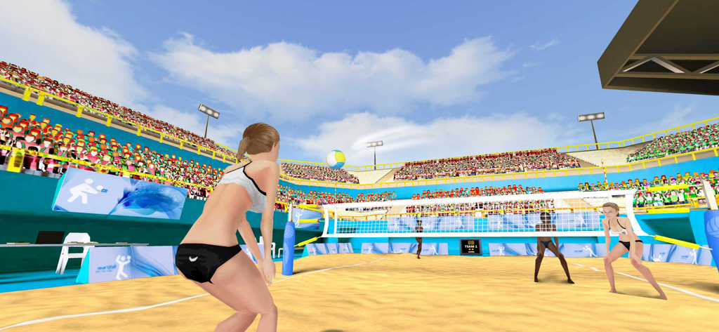 Real Volleyball Champions 3D - A 3D beach volleyball match in a stadium with female players on the sand court