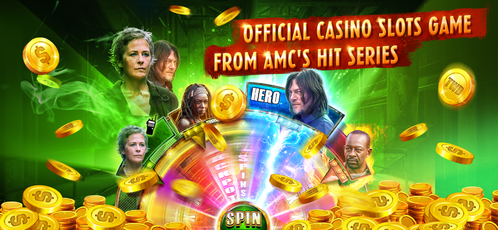 The Walking Dead Casino Slots - Official The Walking Dead Casino Slots promo featuring Daryl, Michonne, and Carol with a golden spin wheel and flying coins