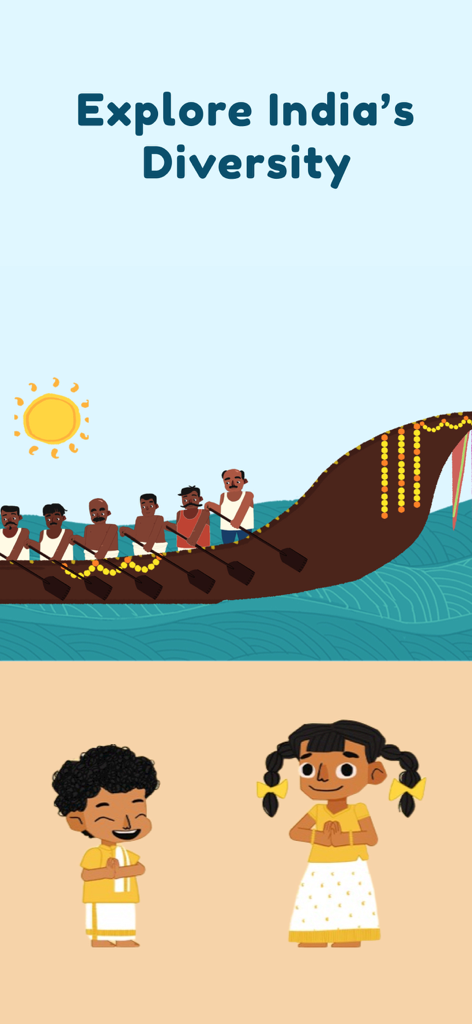 Kutuki: Kids Learning App - Ilustración de una carrera de botes tradicional india y niños con atuendos étnicos haciendo un saludo de Namaste