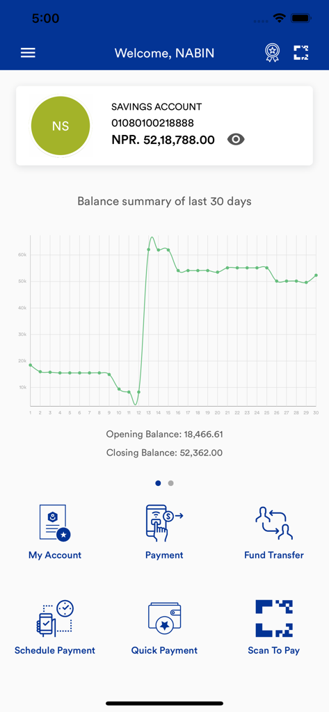 Dashboard der Excel Smart Mobile-Banking-App mit dem Sparkontoguthaben und einem Graphen der Guthabensentwicklung über 30 Tage.