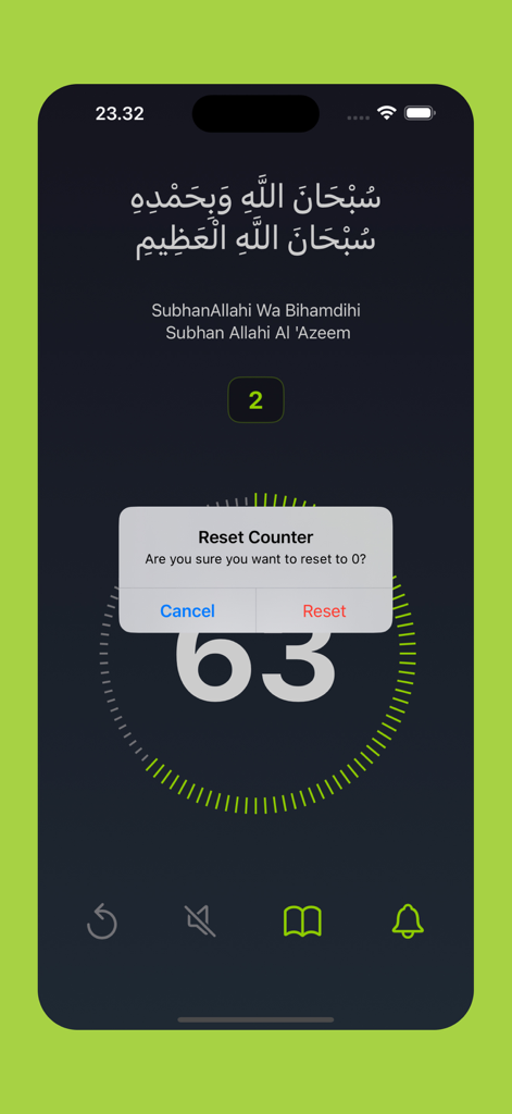 La interfaz de la aplicación Kalimatan que muestra un contador de dhikr digital con una superposición emergente de confirmación de reinicio