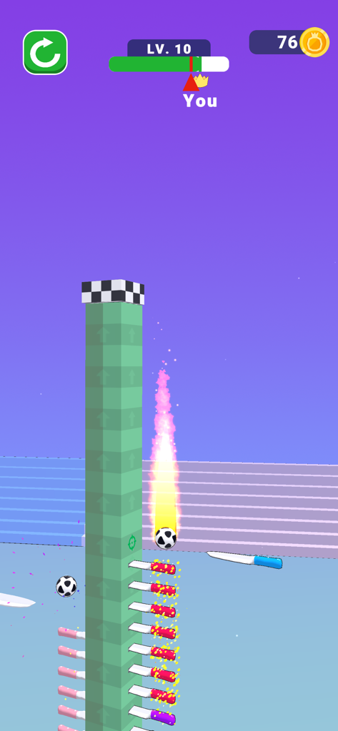 Ball Up: Knife Racing - A soccer ball falling past a tower of knives in the Ball Up Knife Racing mobile game