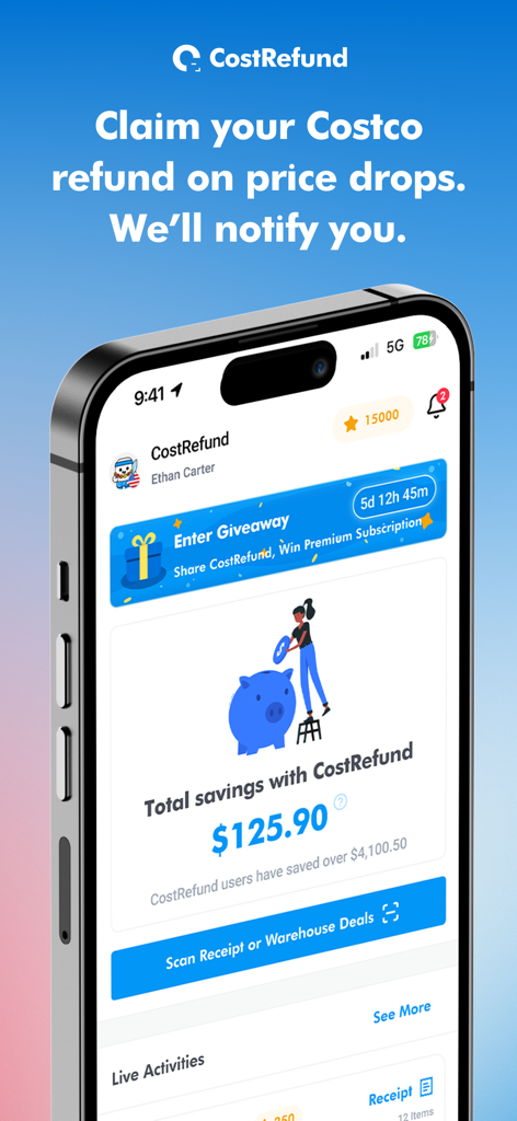 A smartphone showing the CostRefund app interface with total savings of over one hundred dollars and a scan receipt button.