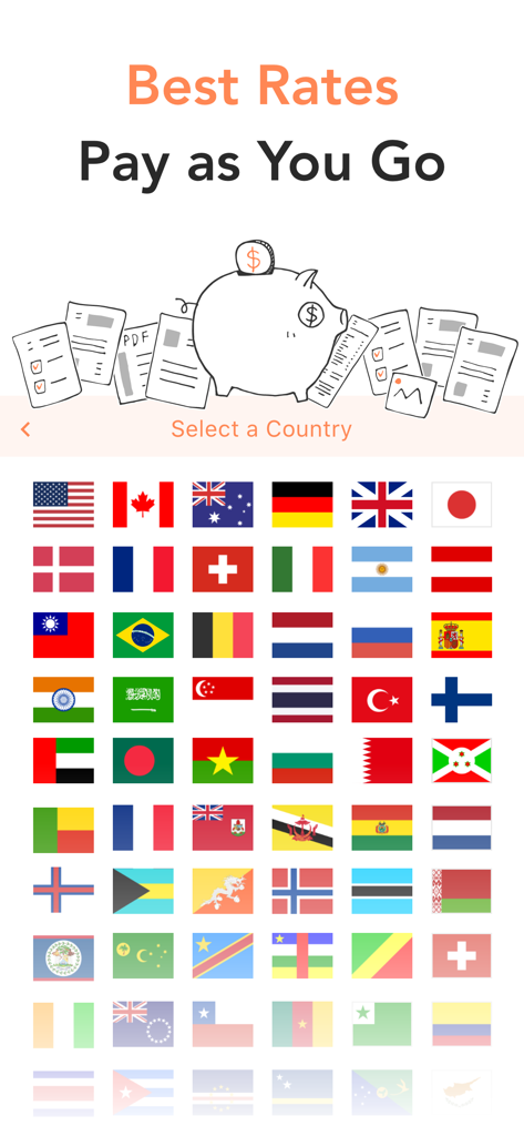 Doc Fax - Mobile Fax App - Una pantalla de aplicación móvil que destaca las mejores tarifas y las opciones de pago por uso con una lista de banderas de países globales para envío de faxes internacional.