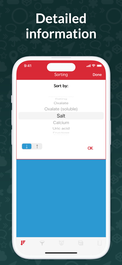OxiPur – Gout & Kidney Stones - OxiPur app interface showing nutritional sorting options for salt uric acid and oxalate