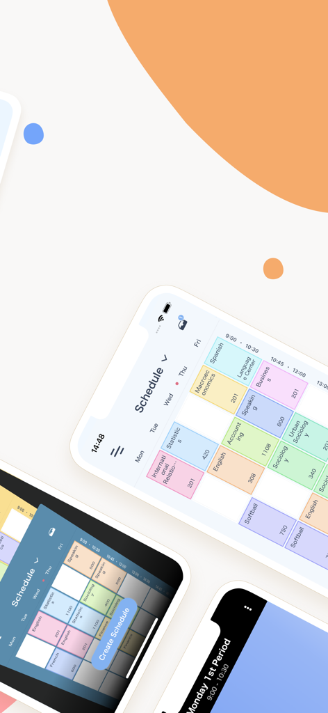 Schooly | School Planner - Schooly-App-Oberfläche mit farbcodierten Stundenplänen und akademischen Zeitplänen auf iPhone-Bildschirmen