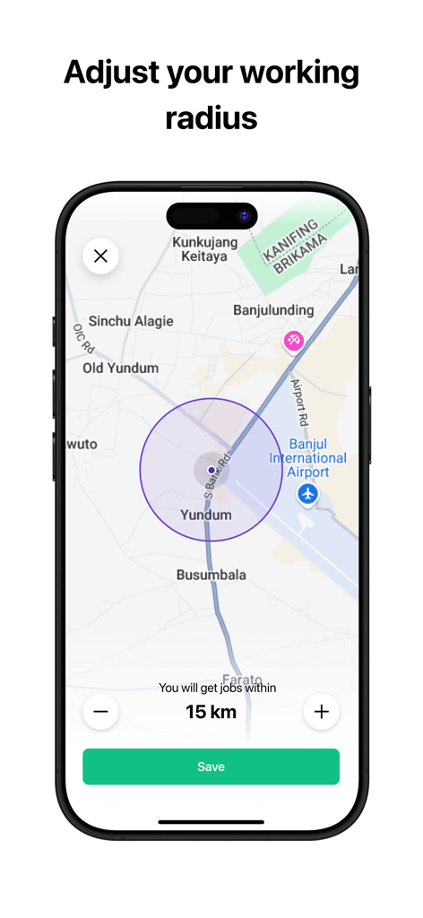Gamride Driver - Interface cartographique dans l'application Gamride Driver montrant un rayon de travail réglable pour les courses