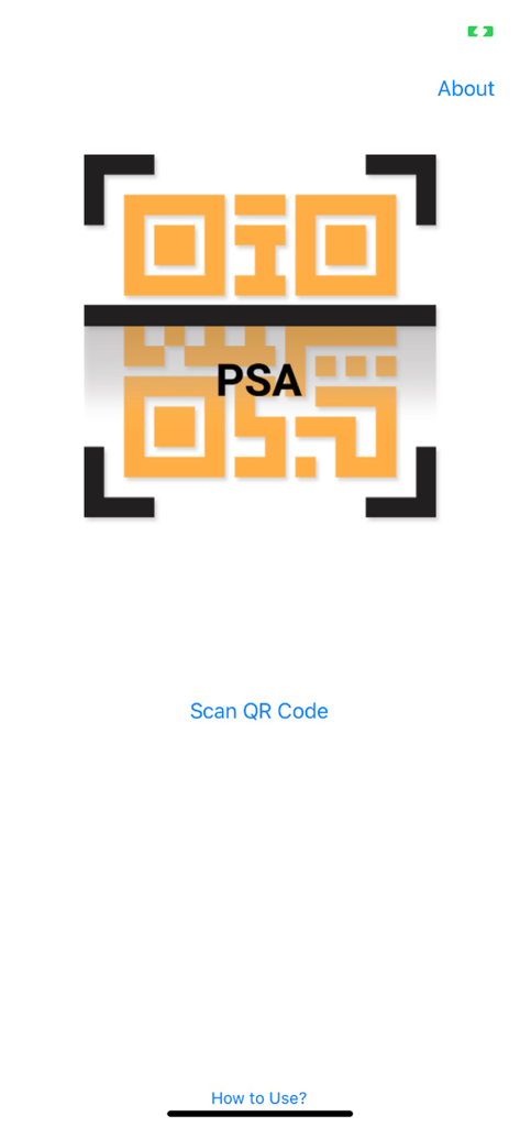 PSA e-Verification - Main screen of the PSA e-Verification app featuring a central QR code icon and a button to scan QR codes