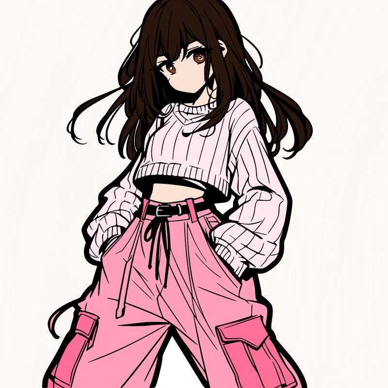 anime teen girl with baggy pants and crop top with sweater