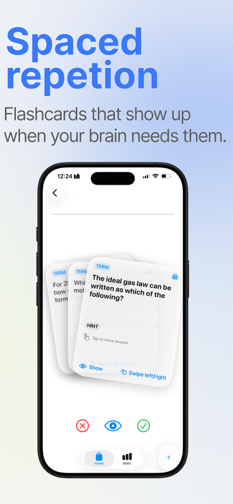 ExamCram - Study AI Quizzes - Interface do aplicativo móvel ExamCram exibindo uma sessão de flashcards de repetição espaçada para um quiz de ciências