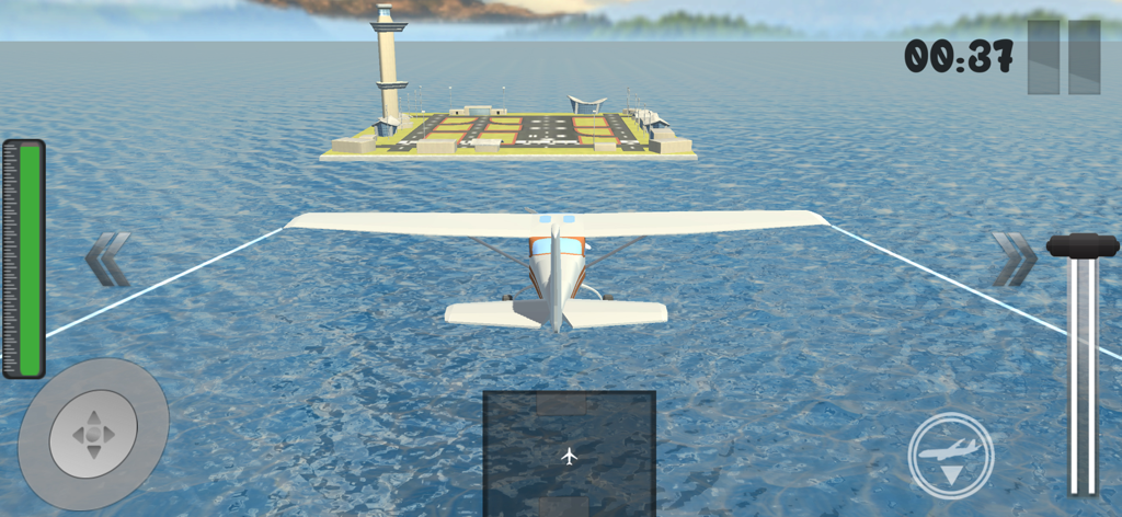 Airplane Crash Pilot Simulator - A white plane flying over the sea towards a landing strip in a pilot simulator game.
